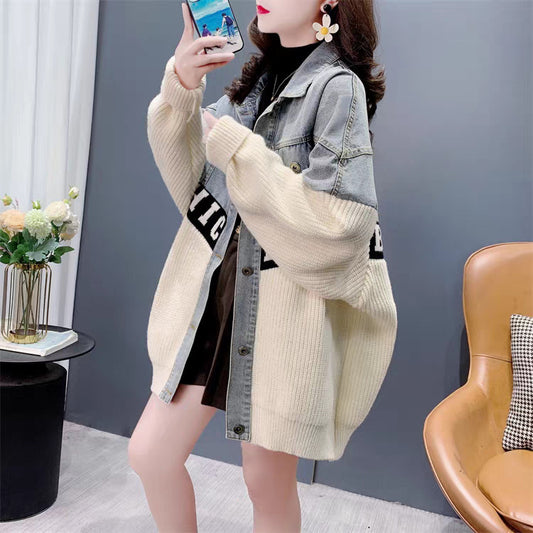 Fashion Design Letter Denim Spliced Knit Cardigan for Women, Thick Loose Outerwear Top