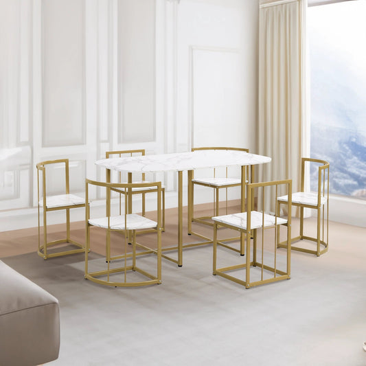TOPMAX Modern 7-Piece Dining Table Set with Faux Marble Compact 55Inch Kitchen Table Set for 6 Golden+White by eprolo