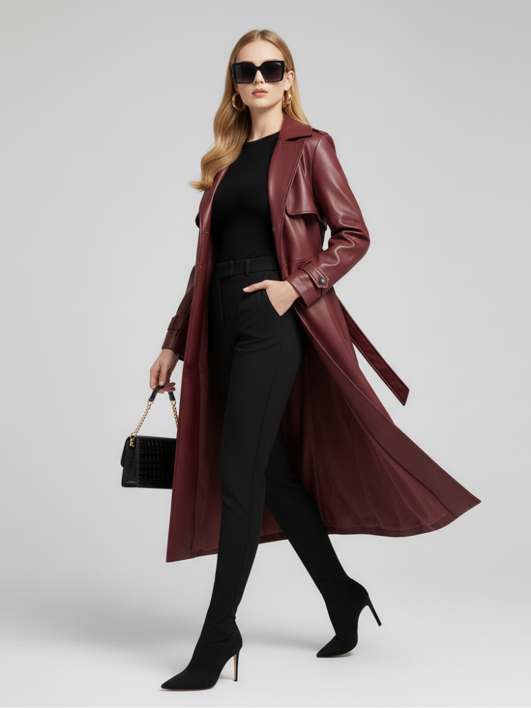 Plus-Size Long Leather-Style Windbreaker For Women, Red Hook, BYMANYC New York.-1