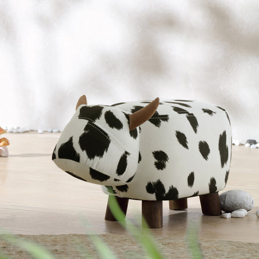 Kids Black White Stool Friendly Cow Wooden Legs Storage Footrest-0
