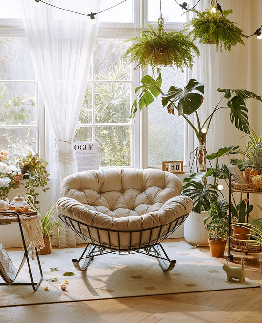 Suede Leather Reclining Lazy Rocking Chair with Built-in Steel Frame & White Goose Feather Cushion-0